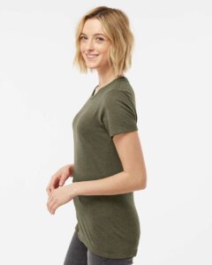 Tultex 542 Women’s Premium Cotton Blend T-Shirt – Olive Heather (on model side)