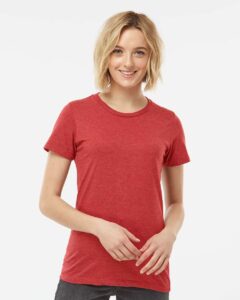 Tultex 542 Women’s Premium Cotton Blend T-Shirt – Red Heather (on model)