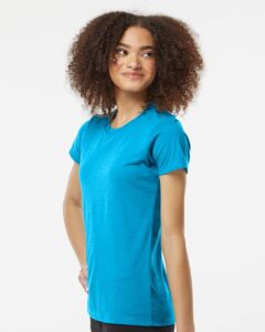 Tultex 542 Women’s Premium Cotton Blend T-Shirt – Turquoise Heather (on model side)