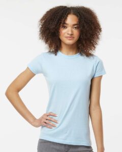 Tultex 213 Women’s Fine Jersey Slim Fit T-Shirt – Baby Blue (on model)