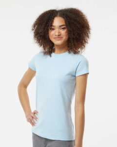 Tultex 213 Women’s Fine Jersey Slim Fit T-Shirt – Baby Blue (on model side)