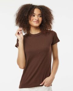 Tultex 213 Women’s Fine Jersey Slim Fit T-Shirt – Brown (on model)