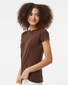 Tultex 213 Women’s Fine Jersey Slim Fit T-Shirt – Brown (on model side)