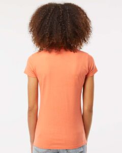 Tultex 213 Women’s Fine Jersey Slim Fit T-Shirt – Coral (on model back)