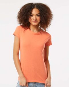 Tultex 213 Women’s Fine Jersey Slim Fit T-Shirt – Coral (on model)