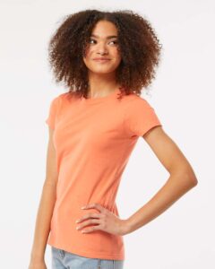 Tultex 213 Women’s Fine Jersey Slim Fit T-Shirt – Coral (on model side)