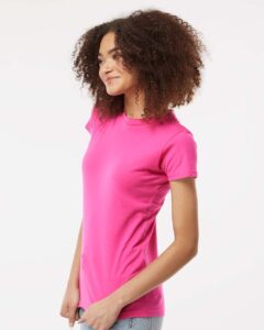 Tultex 213 Women’s Fine Jersey Slim Fit T-Shirt – Fuchsia (on model side)