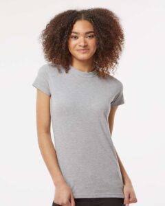 Tultex 213 Women’s Fine Jersey Slim Fit T-Shirt – Heather Grey (on model)