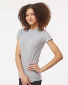 Tultex 213 Women’s Fine Jersey Slim Fit T-Shirt – Heather Grey (on model side)