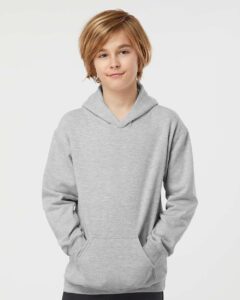 Tultex 320Y Youth Hooded Sweatshirt – Heather Grey (on model)