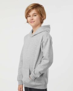 Tultex 320Y Youth Hooded Sweatshirt – Heather Grey (on model side)