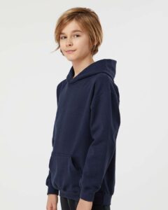 Tultex 320Y Youth Hooded Sweatshirt – Navy (on model side)
