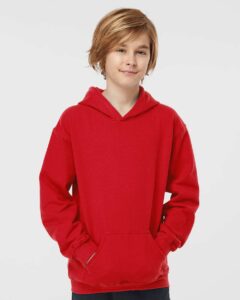 Tultex 320Y Youth Hooded Sweatshirt – Red (on model)