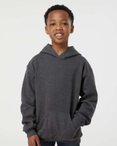 Tultex 320Y Youth Hooded Sweatshirt – Heather Charcoal (on model)