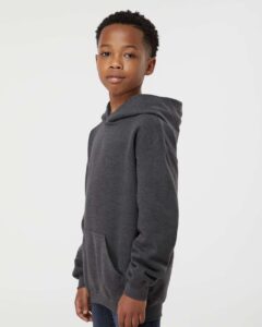 Tultex 320Y Youth Hooded Sweatshirt – Heather Charcoal (on model side)