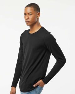 Tultex 591 Unisex Premium Cotton Long Sleeve T-Shirt – Black (on model side)