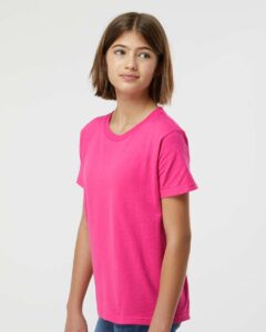 Tultex 235 Youth Fine Jersey T-Shirt – Fuchsia (on model side)