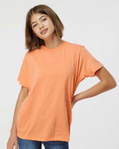 Tultex 235 Youth Fine Jersey T-Shirt – Heather Cantaloupe (on model)