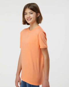 Tultex 235 Youth Fine Jersey T-Shirt – Heather Cantaloupe (on model side)