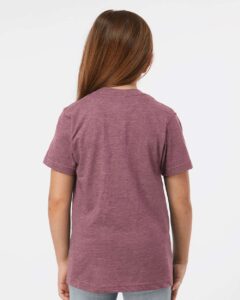 Tultex 235 Youth Fine Jersey T-Shirt – Heather Cassis (on model back)