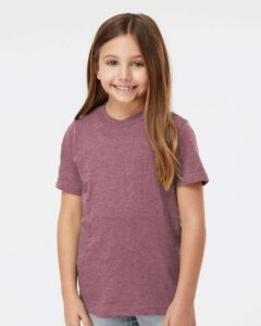 Tultex 235 Youth Fine Jersey T-Shirt – Heather Cassis (on model)