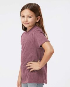 Tultex 235 Youth Fine Jersey T-Shirt – Heather Cassis (on model side)