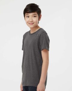 Tultex 235 Youth Fine Jersey T-Shirt – Heather Charcoal (on model side)