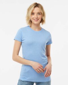 Tultex 240 Women’s Poly-Rich T-Shirt – Heather Athletic Blue (on model)