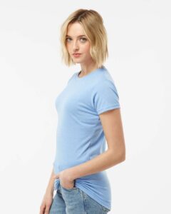 Tultex 240 Women’s Poly-Rich T-Shirt – Heather Athletic Blue (on model side)