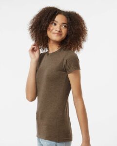 Tultex 240 Women’s Poly-Rich T-Shirt – Heather Brown (on model side)