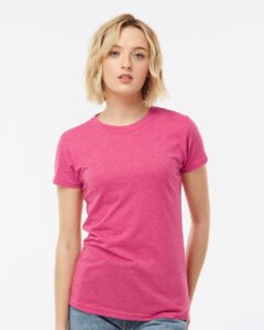 Tultex 240 Women’s Poly-Rich T-Shirt – Heather Fuchsia (on model)