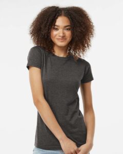 Tultex 240 Women’s Poly-Rich T-Shirt – Heather Graphite (on model)