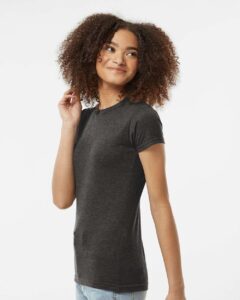 Tultex 240 Women’s Poly-Rich T-Shirt – Heather Graphite (on model side)