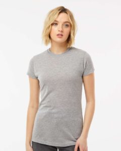 Tultex 240 Women’s Poly-Rich T-Shirt – Heather Grey (on model)