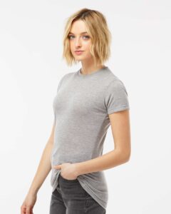Tultex 240 Women’s Poly-Rich T-Shirt – Heather Grey (on model side)