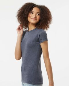 Tultex 240 Women’s Poly-Rich T-Shirt – Heather Navy (on model side)