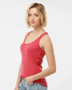 Tultex 190 Women’s Poly-Rich Racerback Tank Top – Heather Red (on model side)