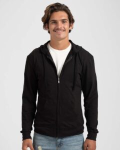 Tultex 260 Unisex Beach Full-Zip Hooded Long Sleeve T-Shirt – Black (on model)