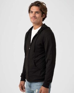 Tultex 260 Unisex Beach Full-Zip Hooded Long Sleeve T-Shirt – Black (on model side)