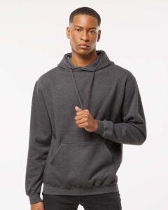 Tultex 320 Unisex Fleece Hooded Sweatshirt – Heather Charcoal (on model)