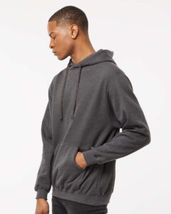 Tultex 320 Unisex Fleece Hooded Sweatshirt – Heather Charcoal (on model side)