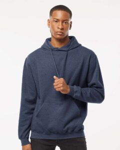 Tultex 320 Unisex Fleece Hooded Sweatshirt – Heather Denim (on model)