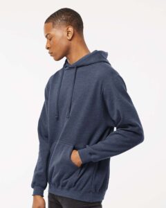 Tultex 320 Unisex Fleece Hooded Sweatshirt – Heather Denim (on model side)