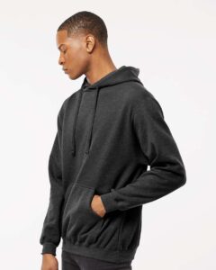 Tultex 320 Unisex Fleece Hooded Sweatshirt – Heather Graphite (on model side)