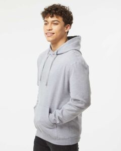 Tultex 320 Unisex Fleece Hooded Sweatshirt – Heather Grey (on model side)