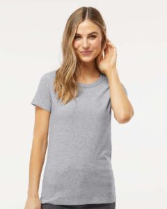 M&O 4810 Women’s Gold Soft Touch T-Shirt – Athletic Grey (on model)