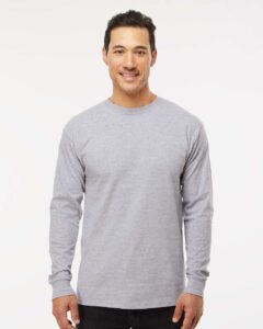 M&O 4820 Unisex Gold Soft Touch Long Sleeve T-Shirt – Athletic Grey (on model)