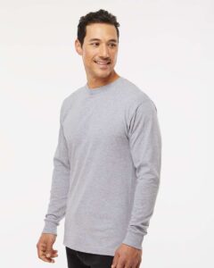 M&O 4820 Unisex Gold Soft Touch Long Sleeve T-Shirt – Athletic Grey (on model side)