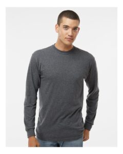 M&O 4820 Unisex Gold Soft Touch Long Sleeve T-Shirt – Dark Heather (on model)
