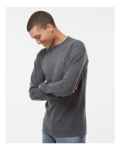 M&O 4820 Unisex Gold Soft Touch Long Sleeve T-Shirt – Dark Heather (on model side)